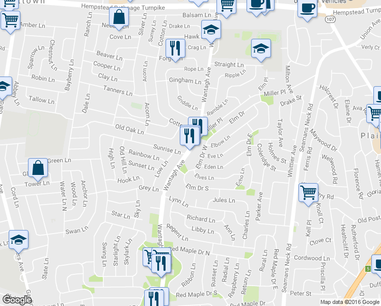 map of restaurants, bars, coffee shops, grocery stores, and more near 341 Wantagh Avenue in Levittown
