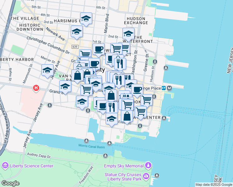 map of restaurants, bars, coffee shops, grocery stores, and more near Warren St in Jersey City