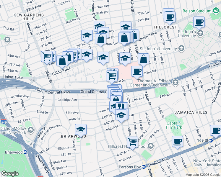 map of restaurants, bars, coffee shops, grocery stores, and more near 82-86 Parsons Boulevard in Queens
