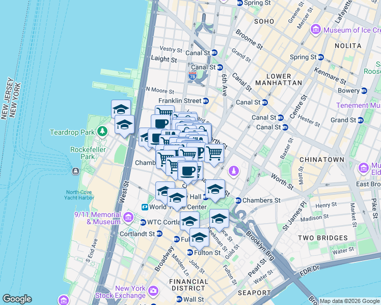 map of restaurants, bars, coffee shops, grocery stores, and more near 146 Duane Street in New York