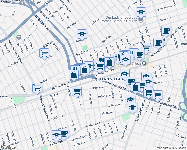 map of restaurants, bars, coffee shops, grocery stores, and more near 213-10 Jamaica Avenue in Queens