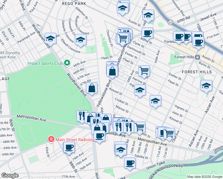 map of restaurants, bars, coffee shops, grocery stores, and more near 67-07 Selfridge Street in Queens