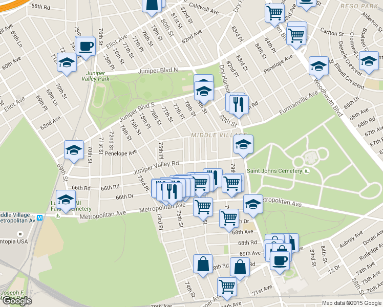 map of restaurants, bars, coffee shops, grocery stores, and more near 65-50 77th Place in Queens