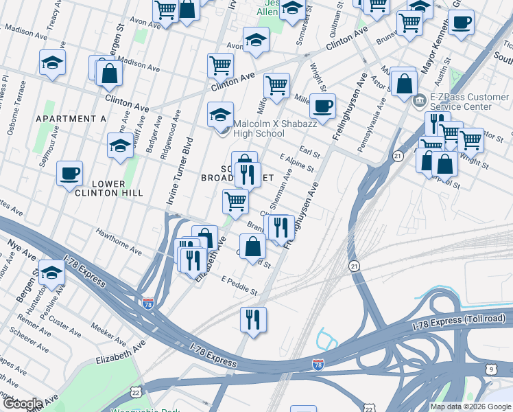 map of restaurants, bars, coffee shops, grocery stores, and more near 25 Clifton Street in Newark