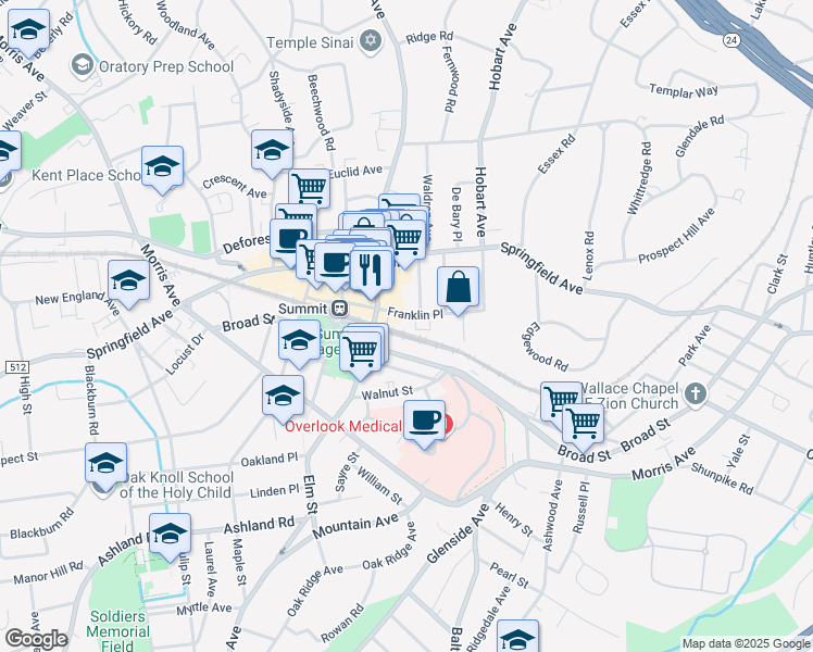map of restaurants, bars, coffee shops, grocery stores, and more near 72 Franklin Place in Summit