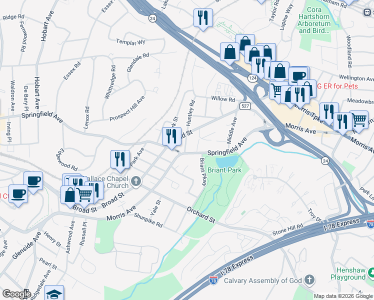 map of restaurants, bars, coffee shops, grocery stores, and more near 3 Chapel Street in Summit
