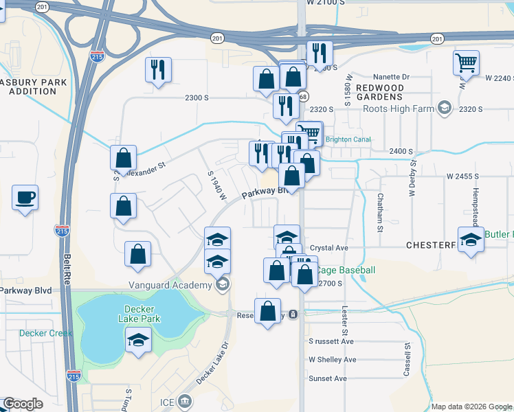 map of restaurants, bars, coffee shops, grocery stores, and more near 2519 South Parkcrest Drive in West Valley City