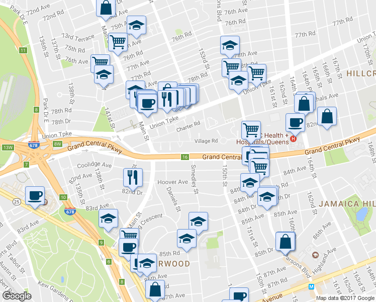 map of restaurants, bars, coffee shops, grocery stores, and more near 147-15 Grand Central Parkway in Queens