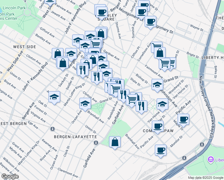map of restaurants, bars, coffee shops, grocery stores, and more near 498 Communipaw Avenue in Jersey City