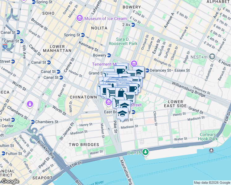 map of restaurants, bars, coffee shops, grocery stores, and more near 50-52 Eldridge Street in New York