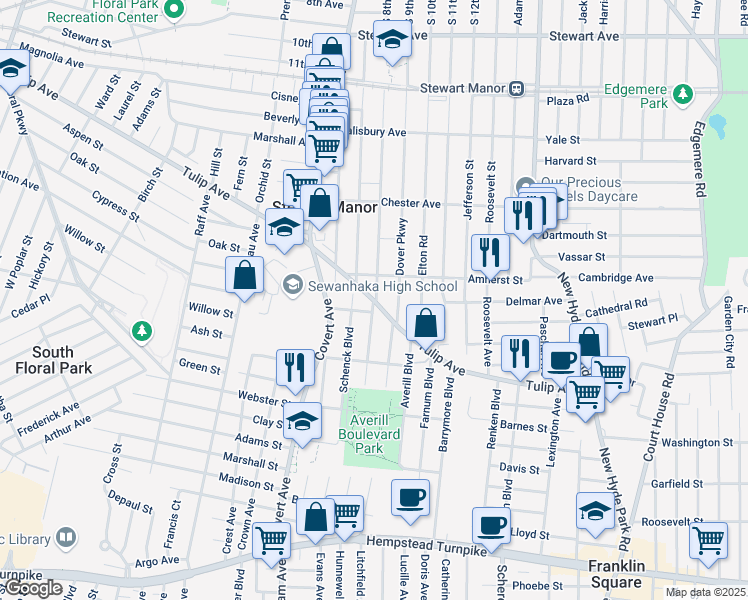 map of restaurants, bars, coffee shops, grocery stores, and more near 93 Gilmore Boulevard in Floral Park