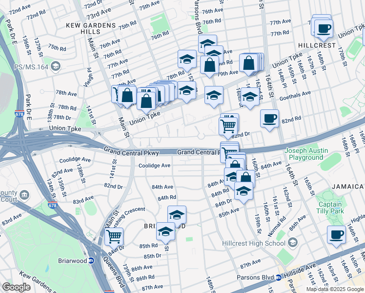 map of restaurants, bars, coffee shops, grocery stores, and more near 147-53 Grand Central Parkway in Queens