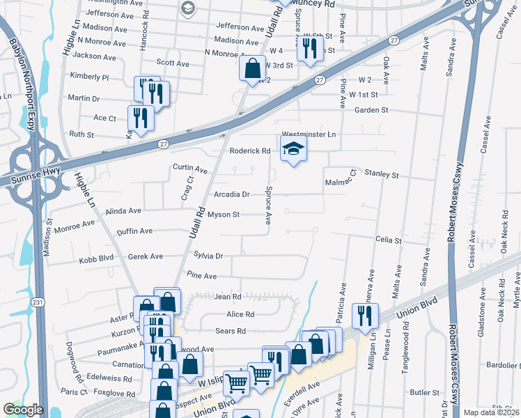 map of restaurants, bars, coffee shops, grocery stores, and more near 47 Myson Street in West Islip