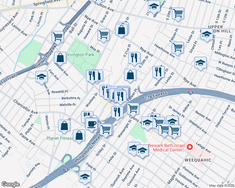 map of restaurants, bars, coffee shops, grocery stores, and more near 154 Shaw Avenue in Irvington