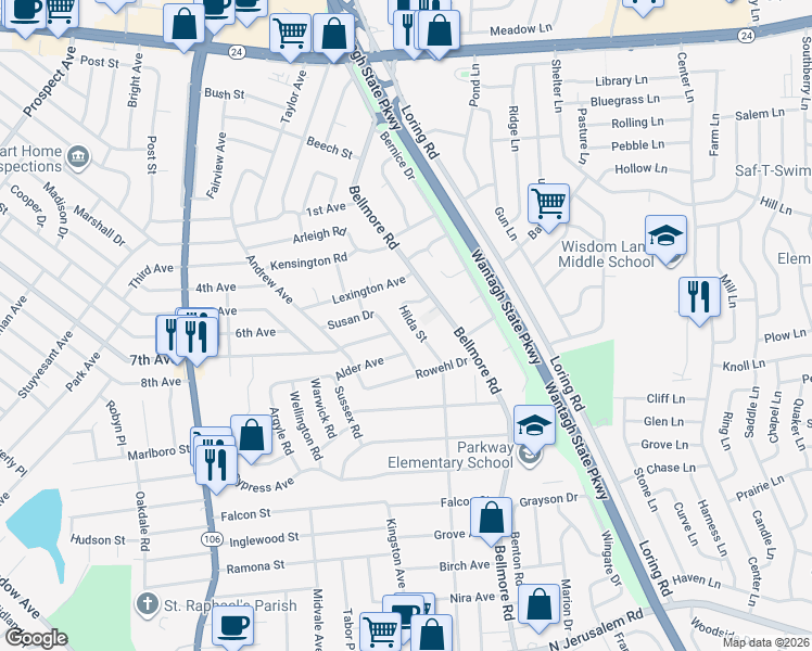 map of restaurants, bars, coffee shops, grocery stores, and more near 312 Hilda Street in East Meadow