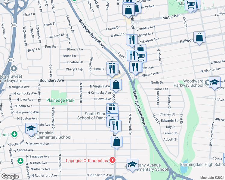 map of restaurants, bars, coffee shops, grocery stores, and more near 1129 North Broadway in Massapequa