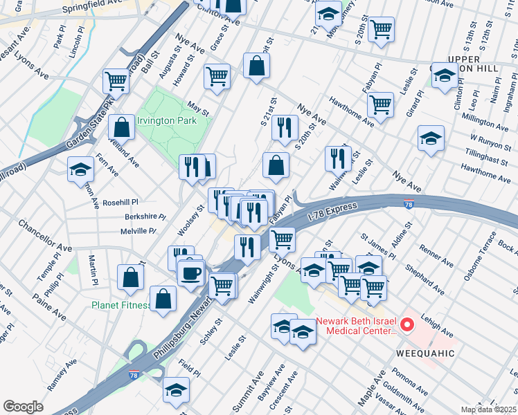 map of restaurants, bars, coffee shops, grocery stores, and more near 154 Shaw Avenue in Irvington