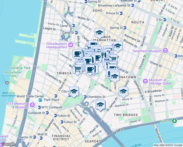 map of restaurants, bars, coffee shops, grocery stores, and more near 114 Leonard Street in New York