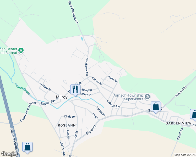 map of restaurants, bars, coffee shops, grocery stores, and more near College Avenue in Milroy