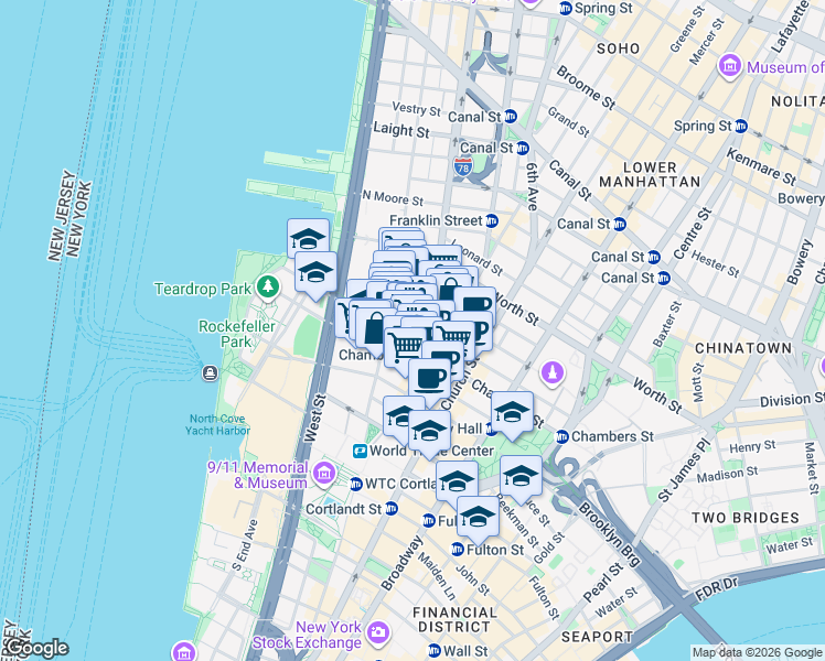 map of restaurants, bars, coffee shops, grocery stores, and more near 155 Chambers Street in New York