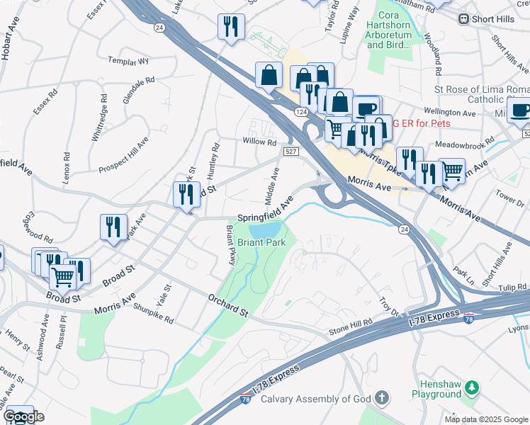 map of restaurants, bars, coffee shops, grocery stores, and more near 63 Springfield Avenue in Summit