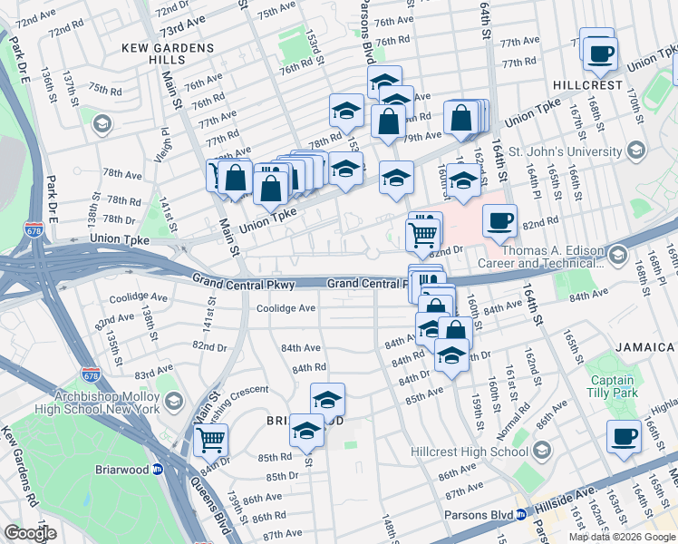 map of restaurants, bars, coffee shops, grocery stores, and more near 147-53 Grand Central Parkway in Queens