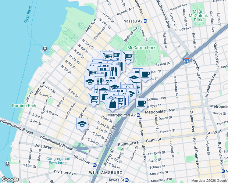 map of restaurants, bars, coffee shops, grocery stores, and more near Roebling St & N 7th St in Brooklyn