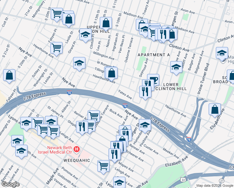 map of restaurants, bars, coffee shops, grocery stores, and more near 34 Yates Avenue in Newark