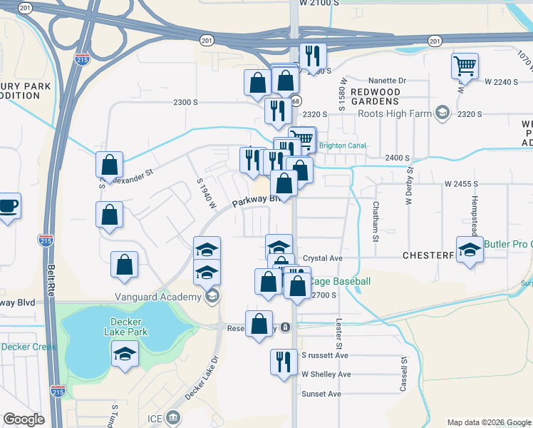 map of restaurants, bars, coffee shops, grocery stores, and more near 2532 South Lake Park Circle in West Valley City