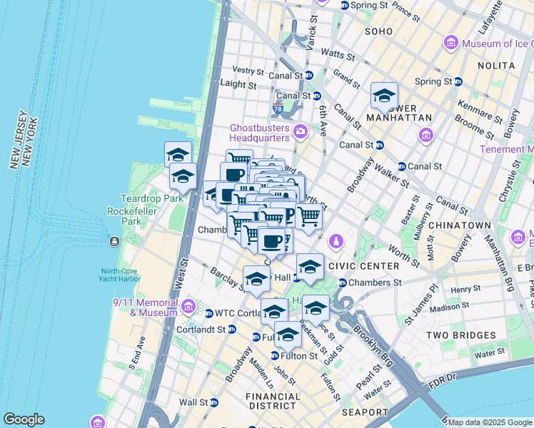map of restaurants, bars, coffee shops, grocery stores, and more near in New York