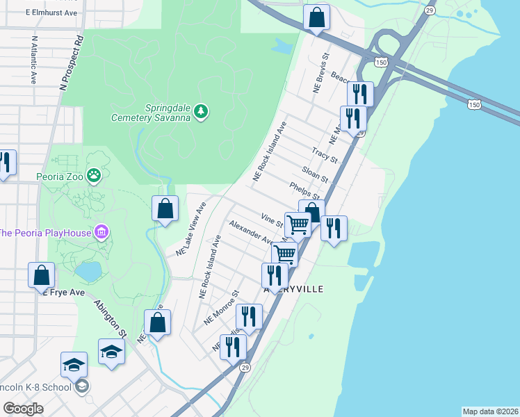 map of restaurants, bars, coffee shops, grocery stores, and more near 616 Vine St in Peoria