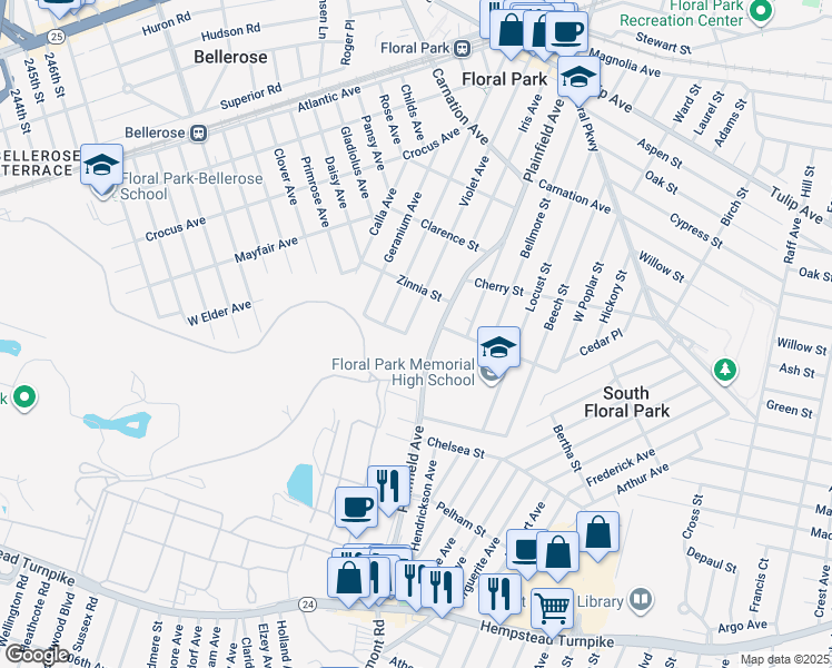 map of restaurants, bars, coffee shops, grocery stores, and more near 255 Violet Avenue in Floral Park
