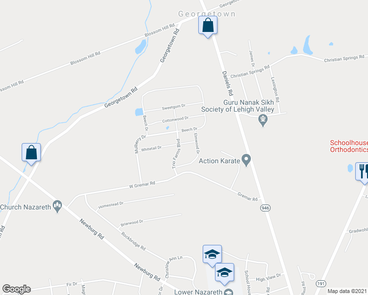 map of restaurants, bars, coffee shops, grocery stores, and more near 4451 Whitetail Drive in Nazareth