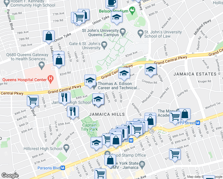 map of restaurants, bars, coffee shops, grocery stores, and more near 84-05 169th Street in Queens