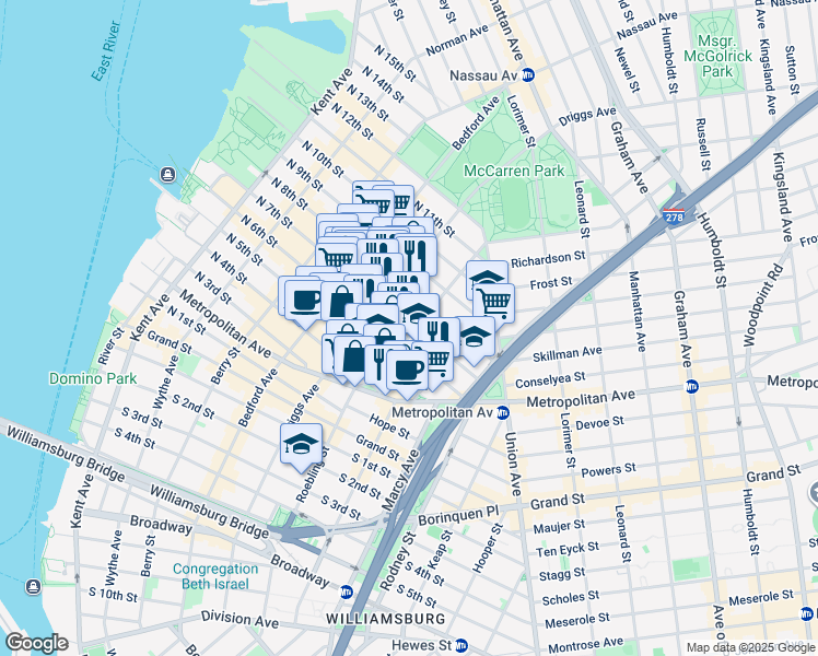 map of restaurants, bars, coffee shops, grocery stores, and more near 88 Roebling Street in Brooklyn