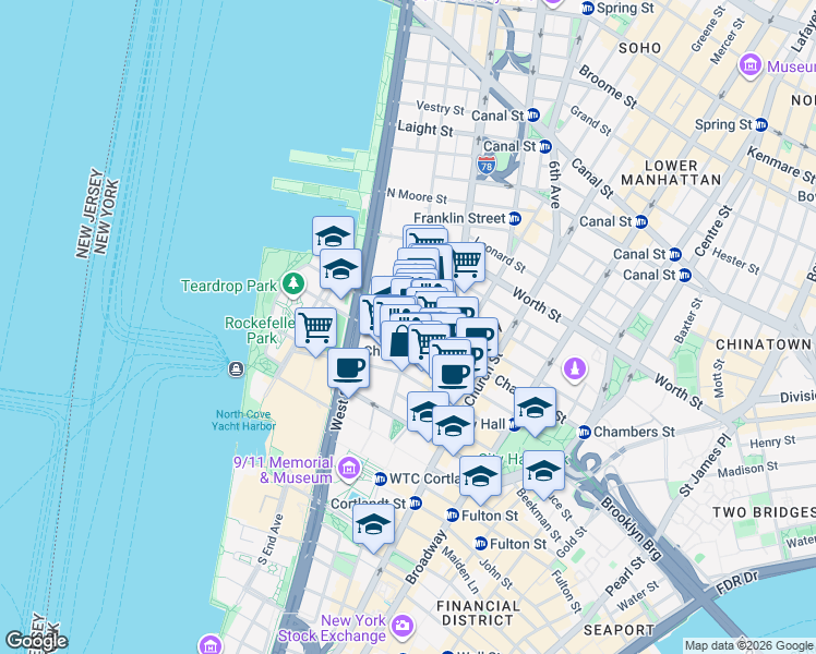 map of restaurants, bars, coffee shops, grocery stores, and more near 300 Greenwich Street in New York