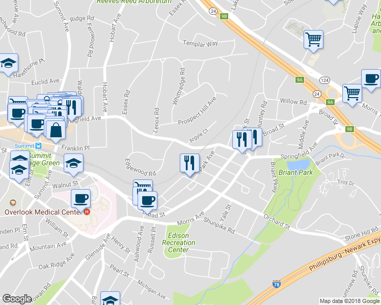 map of restaurants, bars, coffee shops, grocery stores, and more near 150 Springfield Avenue in Summit