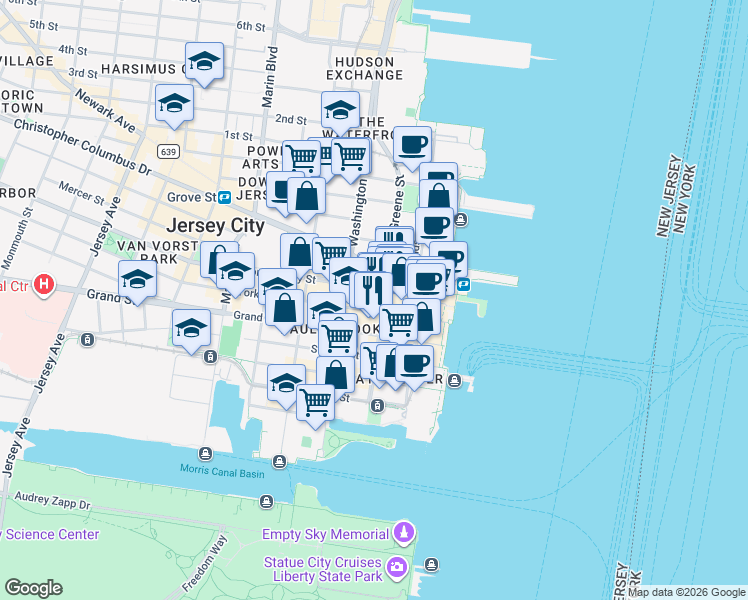 map of restaurants, bars, coffee shops, grocery stores, and more near 101 Hudson Street in Jersey City