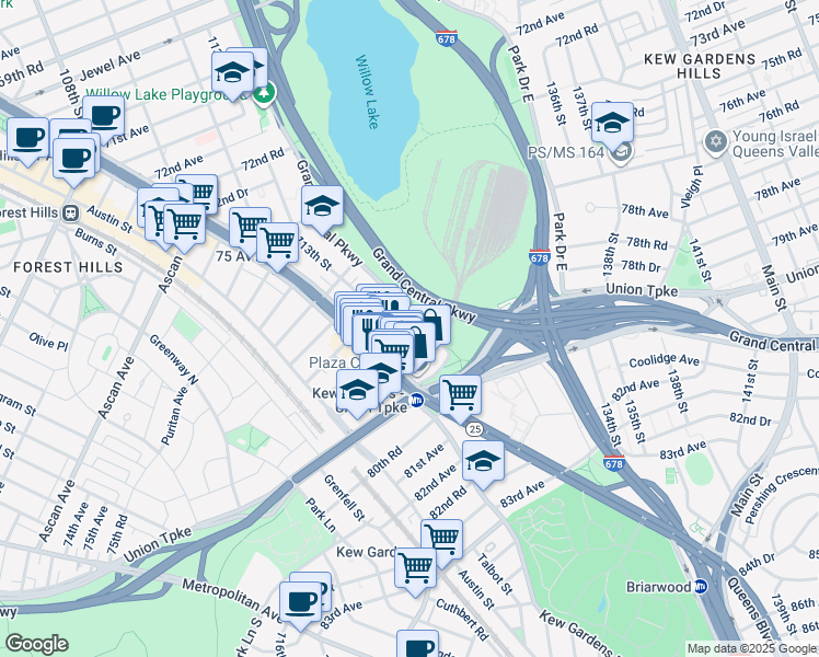 map of restaurants, bars, coffee shops, grocery stores, and more near 77-35 113th Street in Queens