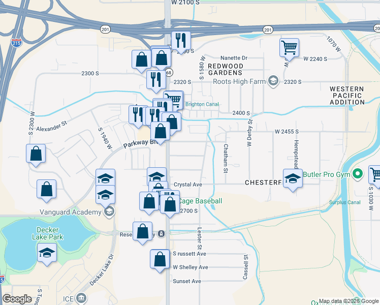 map of restaurants, bars, coffee shops, grocery stores, and more near 1655 West Warnock Avenue in West Valley City