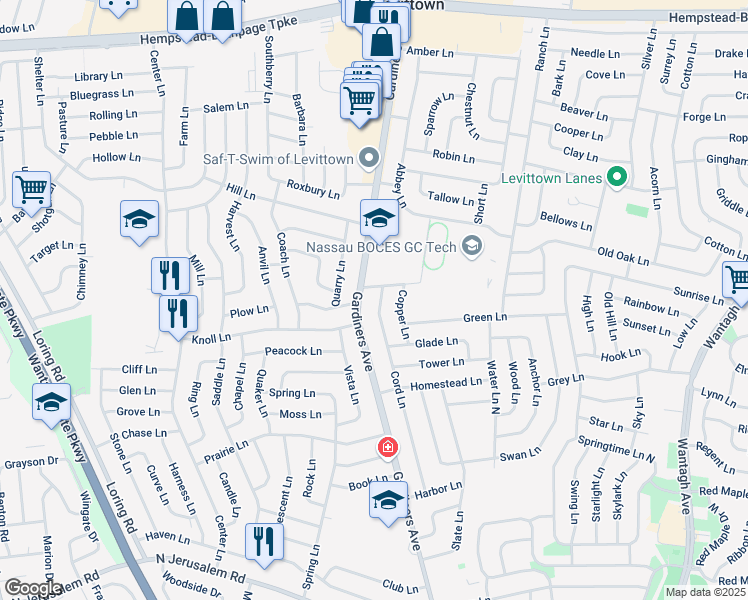 map of restaurants, bars, coffee shops, grocery stores, and more near 373 Gardiners Avenue in Levittown
