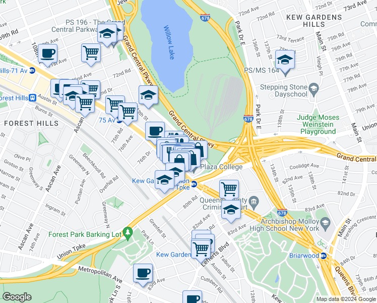 map of restaurants, bars, coffee shops, grocery stores, and more near 35 113th Street in Queens