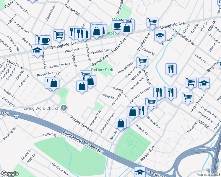 map of restaurants, bars, coffee shops, grocery stores, and more near 11 Schaefer Road in Maplewood