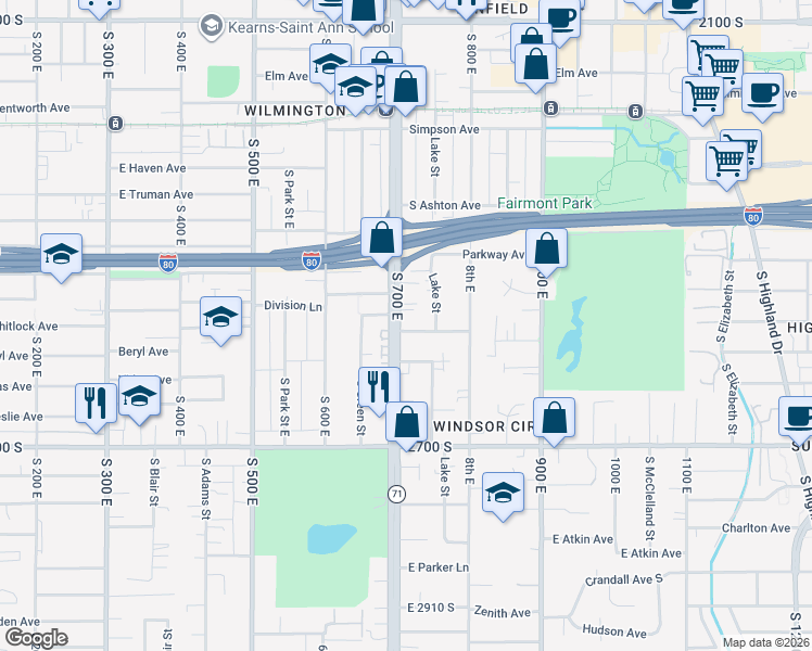 map of restaurants, bars, coffee shops, grocery stores, and more near 2510 Utah 71 in Salt Lake City