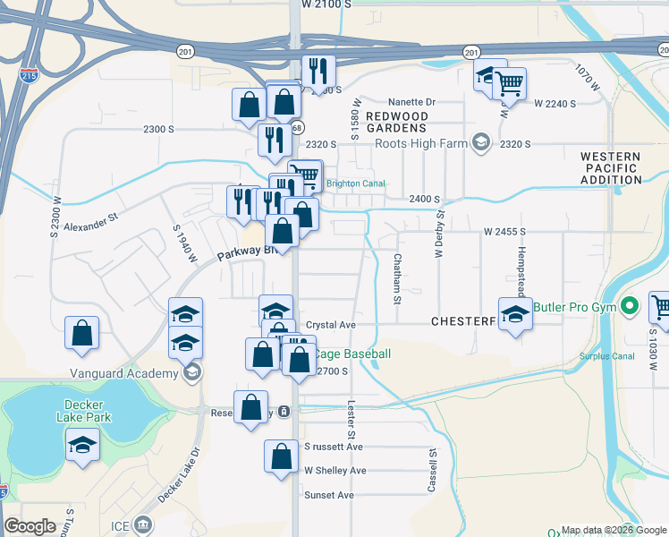 map of restaurants, bars, coffee shops, grocery stores, and more near 1655 West Warnock Avenue in West Valley City