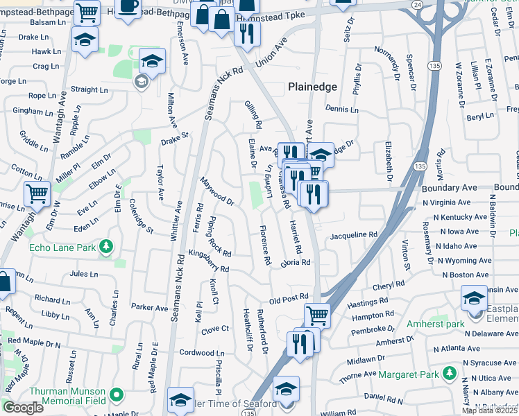 map of restaurants, bars, coffee shops, grocery stores, and more near 4206 Florence Road in Bethpage