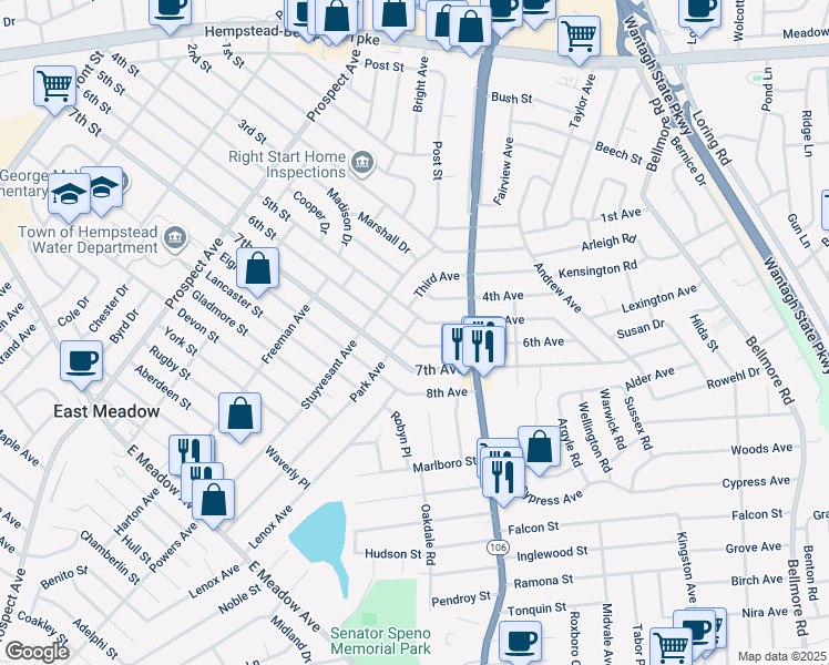 map of restaurants, bars, coffee shops, grocery stores, and more near 2435 6th Avenue in East Meadow