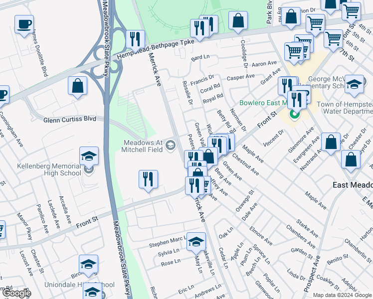 map of restaurants, bars, coffee shops, grocery stores, and more near 265 Merrick Avenue in East Meadow