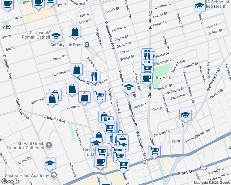 map of restaurants, bars, coffee shops, grocery stores, and more near 46 Miller Place in Hempstead