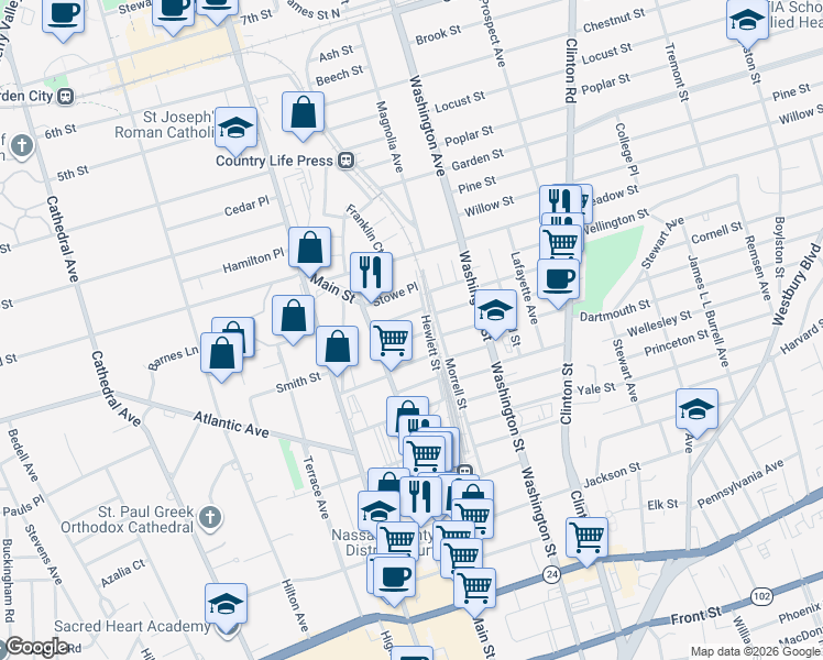 map of restaurants, bars, coffee shops, grocery stores, and more near 15 Miller Place in Hempstead